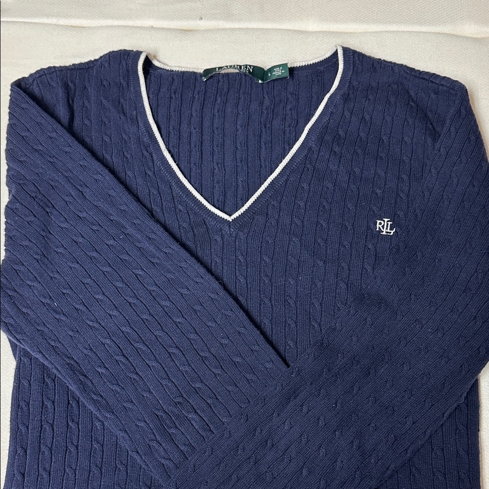 EUC Vintage Ralph Lauren Navy Sweater with white details around neck and sleeve